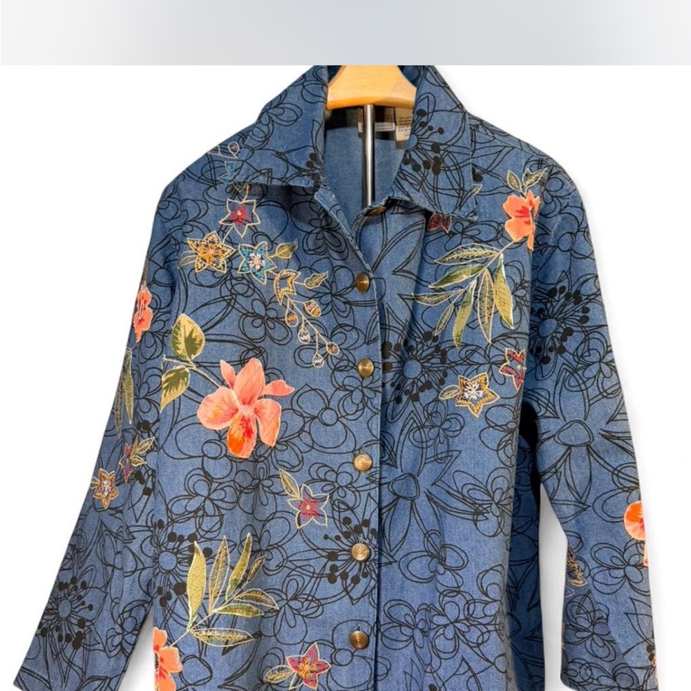 Passport Blue Denim Embroidered Floral Jean Jacket with Coral Colored Flowers 🌺